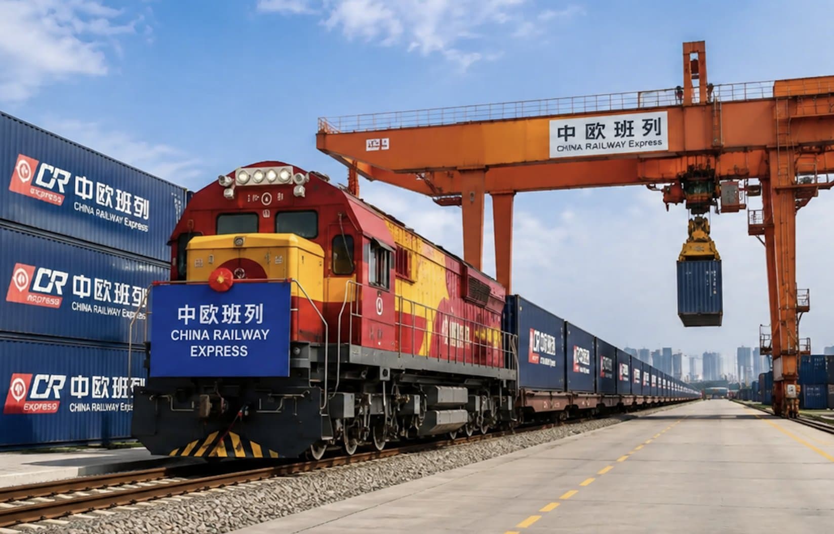 China Railway Express freight train at a container terminal
